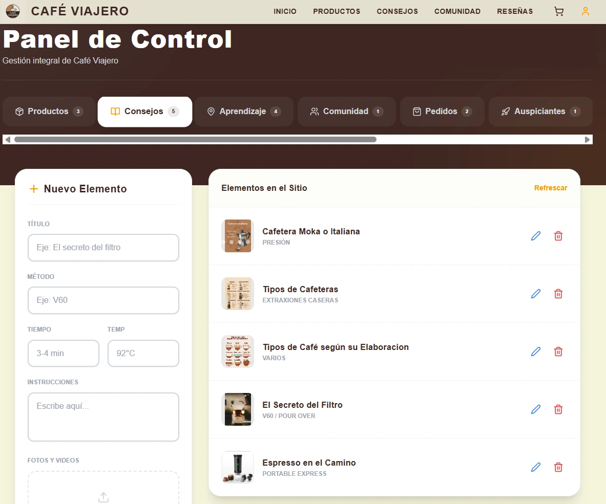 Café Viajero - Panel de administración de tienda online