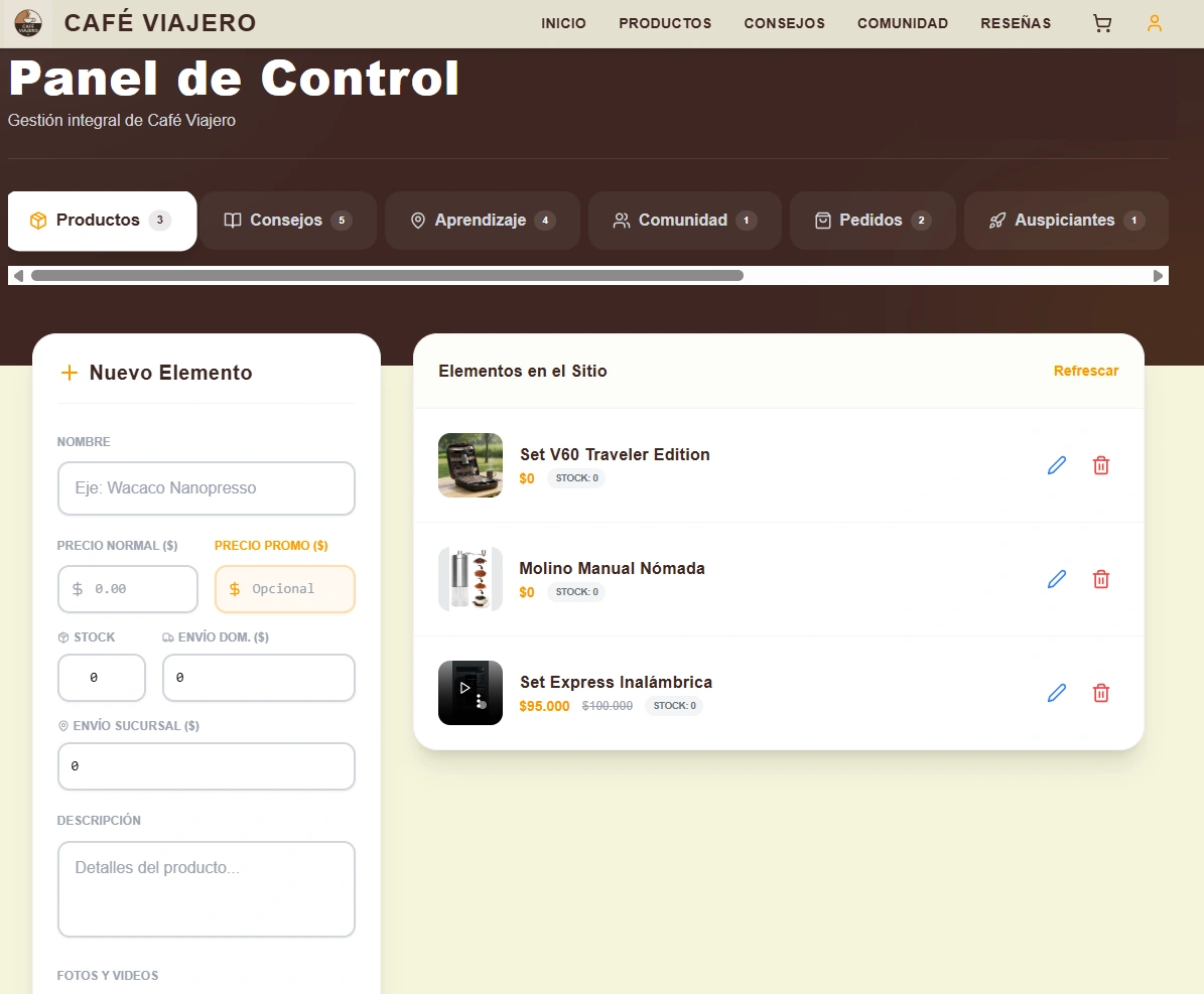 Café Viajero - Panel de control e-commerce